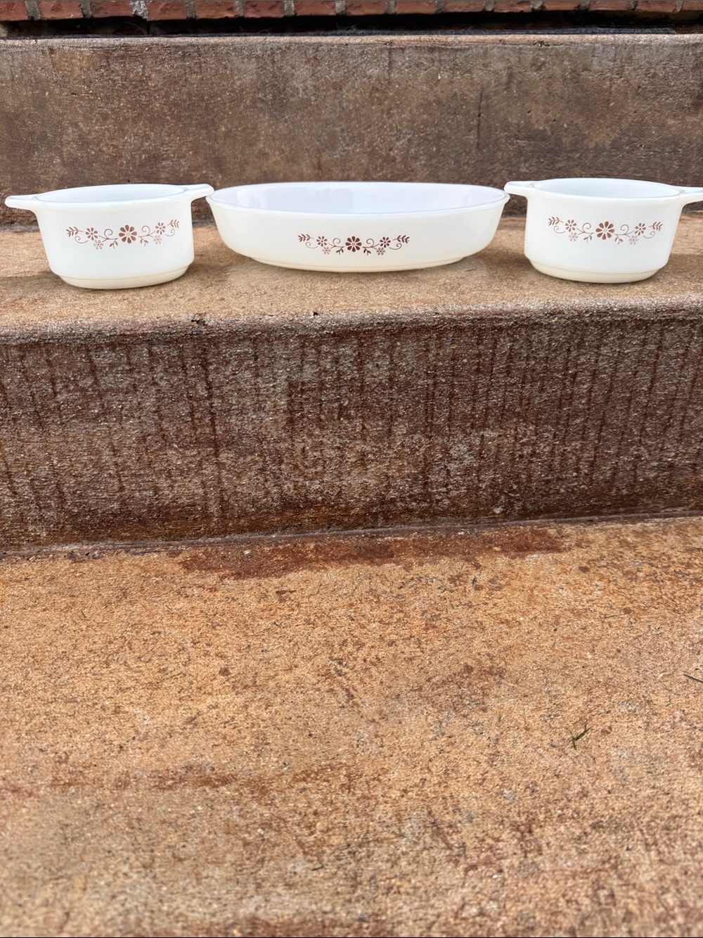 Vintage Dynoware White Glass Pyr-O-Rey 3 piece Set with Brown Floral Motif